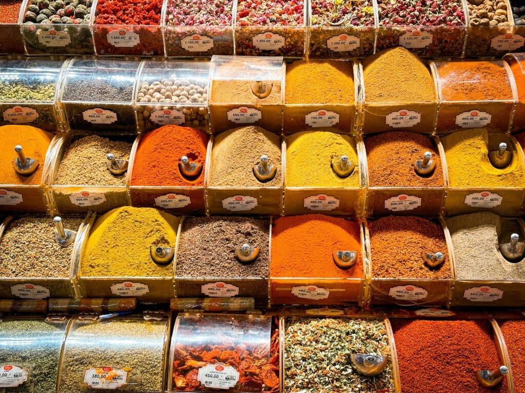 Spices A colorful display of spices at a market in İstanbul, showcasing vibrant hues and diverse aromas.